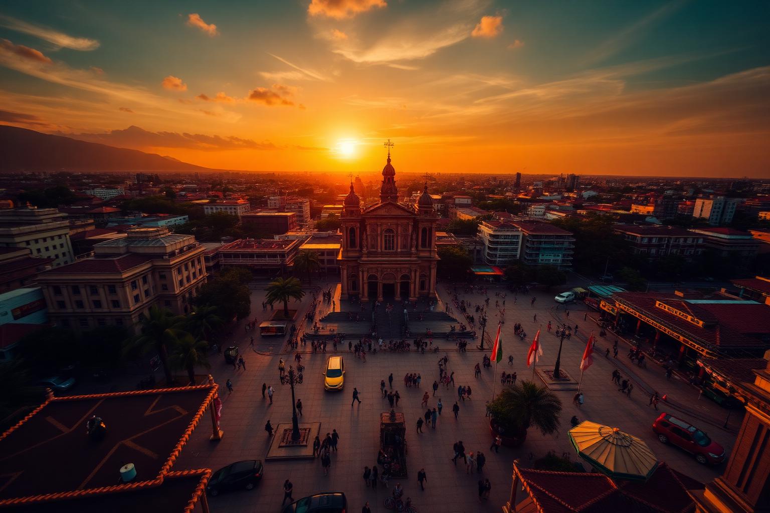 Aerial view of a Latin American plaza at sunset